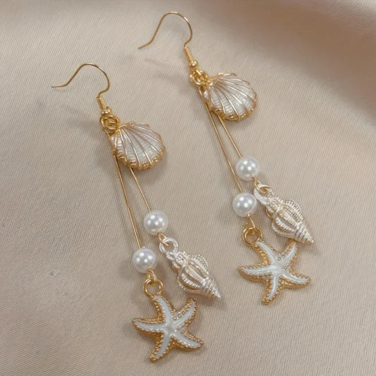 Elegant Earrings with Starfish and Conch Shell