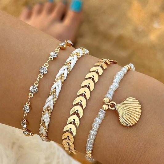 Set of 4 Elegant Gold Shell Bracelets