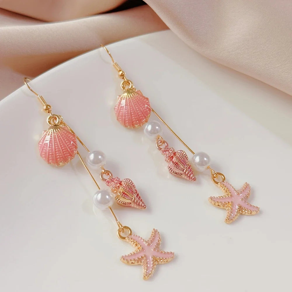 Elegant Earrings with Starfish and Conch Shell