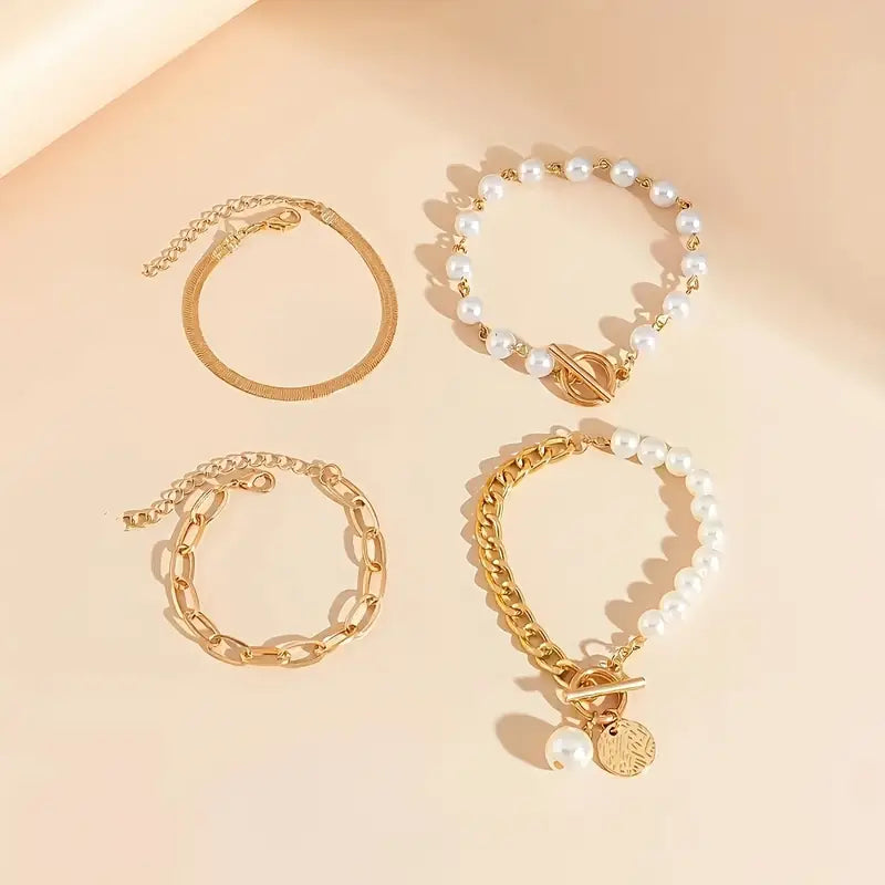 Chic Gold 4-Piece Bracelet Set â€“ Snake, Pearls & Links | Gold