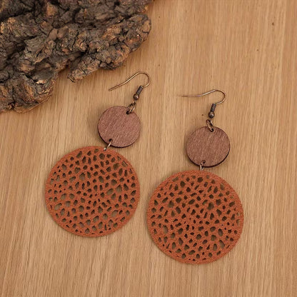 Retro Boho Wood and Leather Drop Earrings