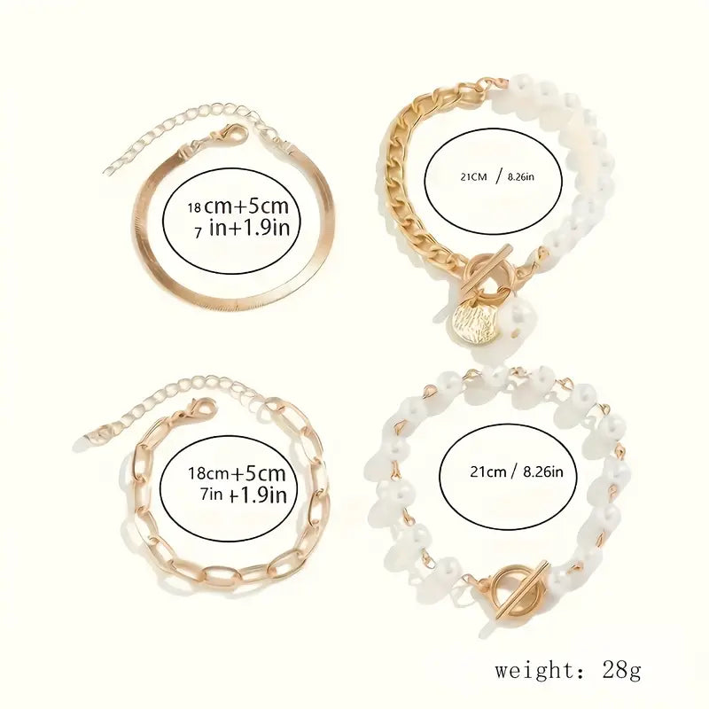 Chic Gold 4-Piece Bracelet Set â€“ Snake, Pearls & Links | Gold