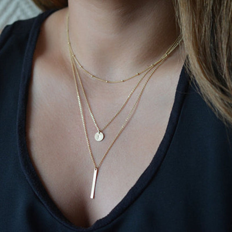 Vintage Layered Chain Necklace with Geometric Pendant