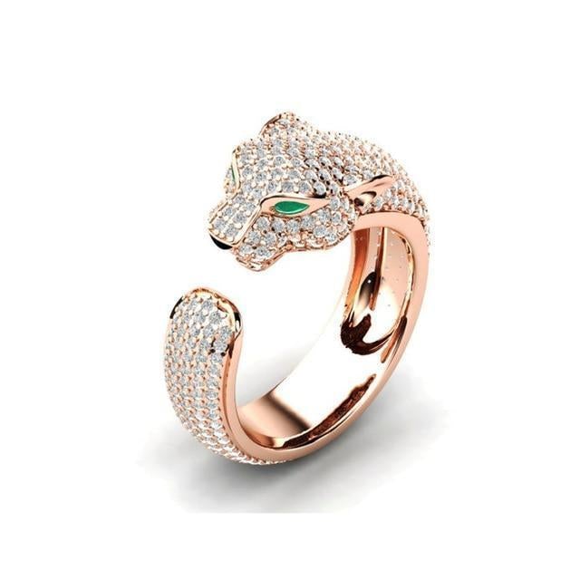 Adjustable Jaguar Ring in Silver and 18K Rose Gold with Green Zirconia Eyes